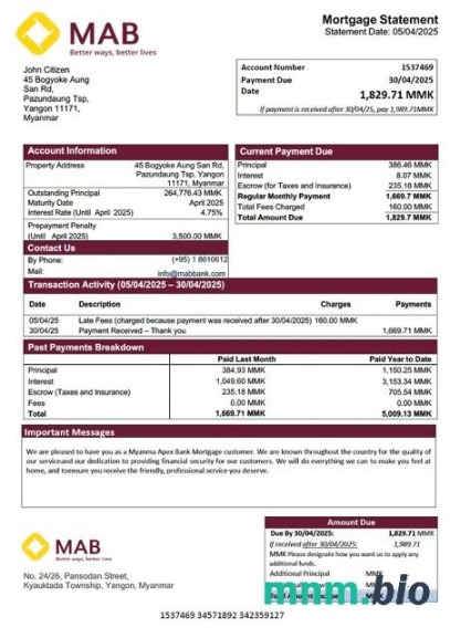 Myanmar Apex Bank wyciąg z kredytu hipotecznego szablon Word i PDF